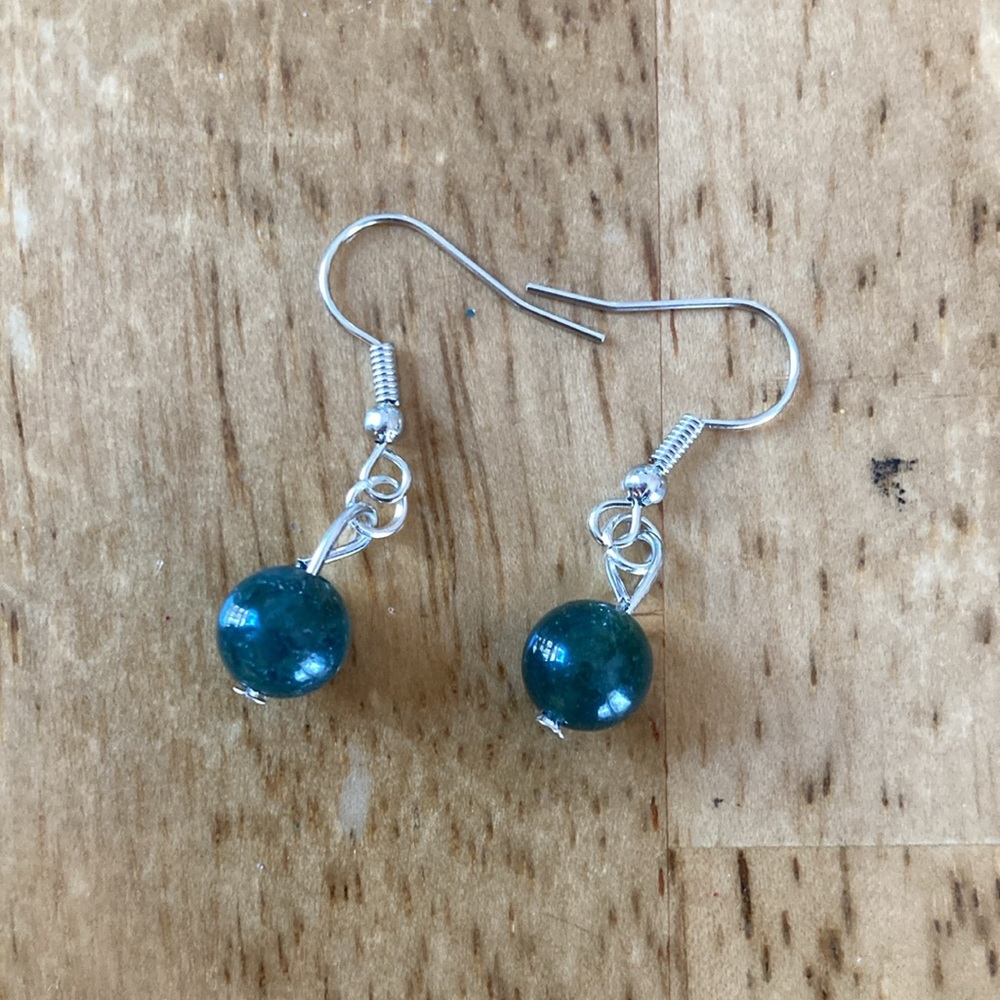 Natural stone handmade earrings pretty olive green bead. Made by my 13yo son☀️